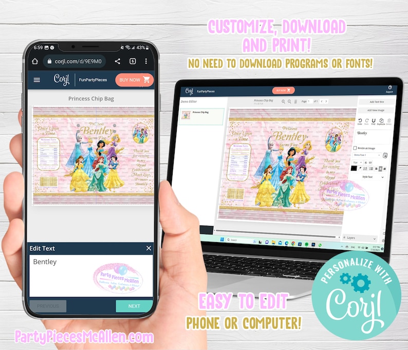 May include: A digital template for a princess-themed chip bag. The template features a pink and gold background with images of Disney princesses. The text "Princess Chip Bag" is at the top of the template. The text "Welcome Bentley" is in a gold banner at the top of the template. The template is customizable with the text "Edit Text" and a text box for entering a name.