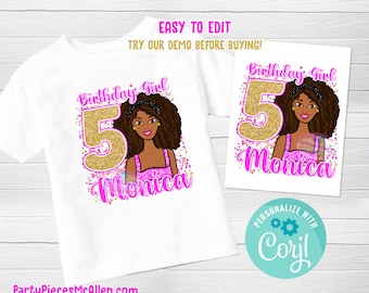 Black Doll Editable Birthday Shirt, Editable Black Doll Birthday Shirt, Black Doll Birthday Party, Pink Party