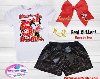 Tenue d'anniversaire Minnie Mouse, tenue d'anniversaire Minnie Mouse rouge, tenue d'anniversaire de filles, short à sequins
