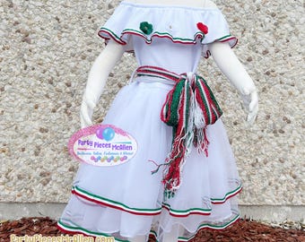Girls Mexican Dress, White Ruffled Mexican Dress, Mexican Dress, 5 de Mayo Dress, Mexican Independence Dress, Mexican Heritage Outfit