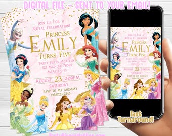 May include: A pink and gold digital invitation for a princess-themed birthday party. The invitation features a collage of Disney princesses, including Cinderella, Snow White, Ariel, Belle, and Jasmine. The text on the invitation reads "Join us for a royal celebration! Princess Emily Turns Five. Party Pieces McAllen 123 Main St. 78501 McAllen, TX. August 23 2:00PM Saturday RSVP to my mommy (956)123-2345".