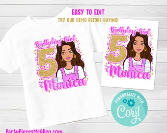 Brunette Doll Editable Birthday Shirt, Editable Doll Birthday Shirt, Brunette Doll Birthday Party, Pink Party
