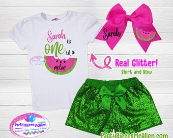 Camiseta de cumpleaños de sandía, conjunto corto de vinilo con lentejuelas brillantes, conjunto de cumpleaños "One in a Melon", conjunto brillante para el primer cumpleaños