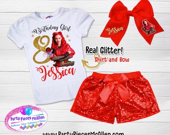 Descendants Rise of Red Glittery Vinyl Sequin Short Birthday Outfit, Descendants Party