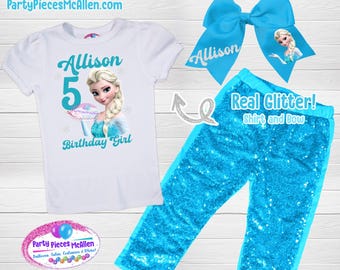 Personalized Elsa Birthday Outfit, Glitter Sequin Pants, Hair Bow