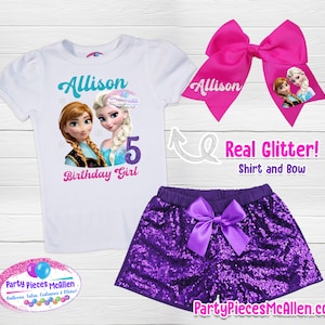 May include: A white t-shirt with a purple number 5 and the words "Allison Birthday Girl" in teal blue. The shirt features a picture of Elsa and Anna from Frozen. A purple sequined skirt with a purple bow. A pink bow with the name "Allison" and a picture of Elsa and Anna from Frozen.