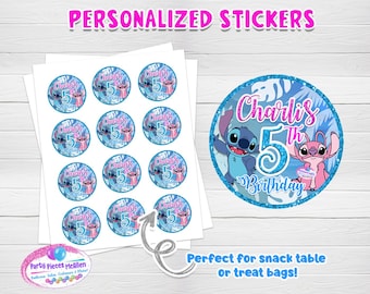 Stitch and Angel Birthday Party Stickers, Round Labels