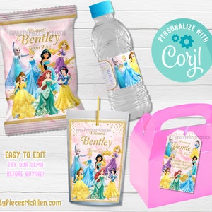 Bearbeitbares Prinzessinnen-Partypaket, Prinzessinnen-Chip-Etiketten, Prinzessinnen-Wasseretiketten, Prinzessinnen-Leckerei, Tags, Prinzessinnen-Digitaldateien, Prinzessinnen-Geburtstag