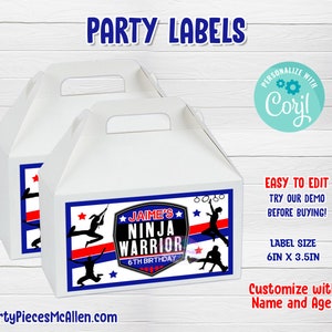 Ninja Warrior Editable Labels, Ninja Warrior Party Favors, Ninja Warrior Digital Files, Ninja Warrior Box Labels Digital