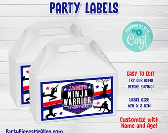 Ninja Warrior Editable Labels, Ninja Warrior Party Favors, Ninja Warrior Digital Files, Ninja Warrior Box Labels Digital