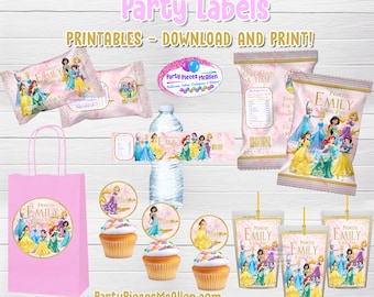 May include: Printable party labels featuring Disney princesses in pink and gold with the text "Princess Emily Turns Five". The labels are for a variety of party supplies including bags, water bottles, cupcake toppers, juice boxes, and snack bags.