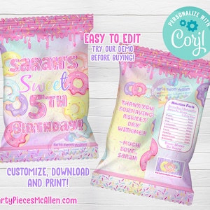 May include: A pink and purple donut-themed birthday party favor bag with the text "Sarah's Sweet 5th Birthday!" and a nutrition facts label with the text "Donut Worry Be Happy!"