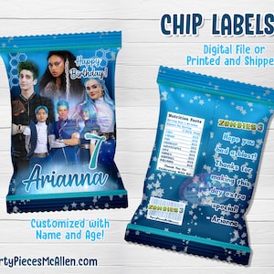 May include: Blue chip bag labels featuring characters from Zombies 3. The labels are customised with a name and age, and include the text "Happy Birthday!" and "Arianna". The design is decorated with stars.