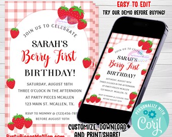Editable Berry First Birthday Invitation, Berry First Birthday Invitation, Berry First Birthday Party, Berry First Birthday Celebration