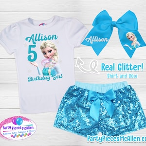 May include: A white t-shirt with a blue and white image of Elsa from Frozen, the number 5, and the text "Allison Birthday Girl". A blue bow with a smaller image of Elsa is included. The bow has the text "Allison" on it. The t-shirt and bow have real glitter.