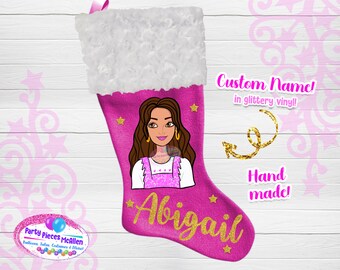Brunette Doll Christmas Stocking, Customized Doll Stocking, Brunette Doll Christmas Stocking, Custom Christmas Stocking