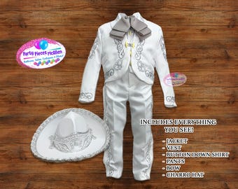 Traje Charro para Niño BLANCO con Bordado Plateado, Sombrero Incluido