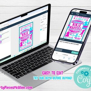 May include: A digital invitation for a girl's birthday party with a ninja warrior theme. The invitation is pink, blue, and white with a graphic of a girl in a ninja pose. The text on the invitation reads "You've been selected to compete on Harper's Ninja Warrior 7th Birthday".