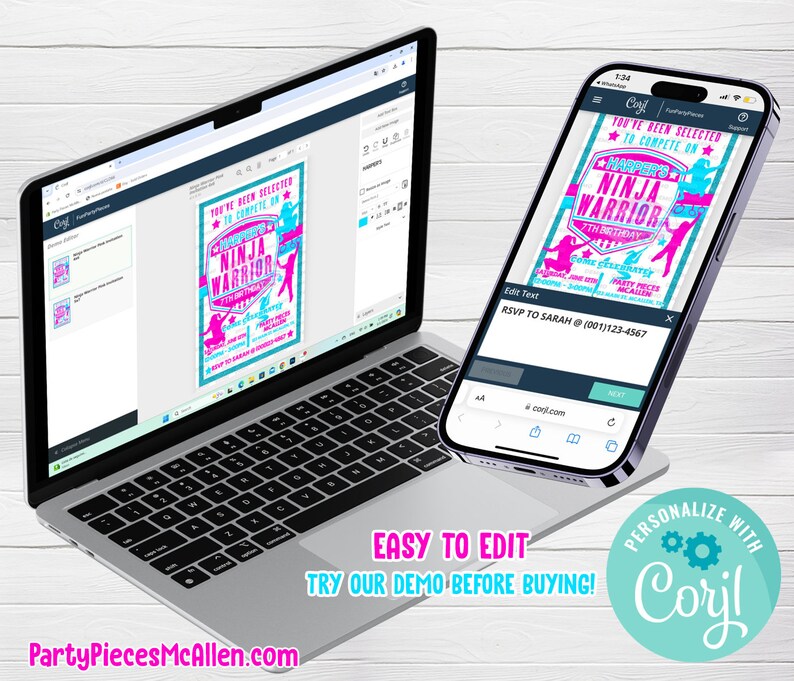 May include: A digital invitation for a girl's birthday party with a ninja warrior theme. The invitation is pink, blue, and white with a graphic of a girl in a ninja pose. The text on the invitation reads "You've been selected to compete on Harper's Ninja Warrior 7th Birthday".