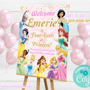 Cartello di benvenuto modificabile per principessa, festa di compleanno della principessa, striscione di benvenuto per compleanno della principessa, festa della principessa, cartello di benvenuto della principessa reale