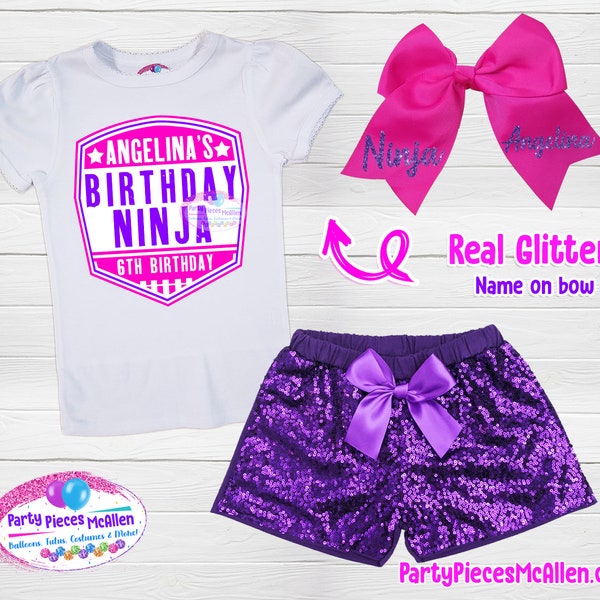 Ninja Girl Birthday Sequin Short Outfit, Ninja Birthday Outfit, Tenue d’anniversaire filles, Short à paillettes, Girl Ninja Party