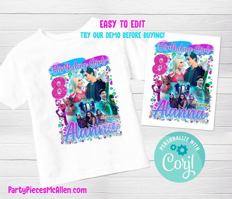 K&ouml;nnte beinhalten: Ein wei&szlig;es T-Shirt mit einem bunten Grafikdesign mit Charakteren aus dem Film "Zombies 3". Das Design enth&auml;lt den Text "Birthday Girl" und die Zahl "8". Die Grafik enth&auml;lt auch den Namen "Alanna".