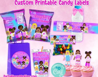 Könnte beinhalten: Druckbare Bonbon-Etiketten mit einem 5. Geburtstagsthema für ein Mädchen in einem lila, rosa und blauen Farbschema. Die Etiketten zeigen ein Cartoon-Mädchen mit dem Text "Angela's 5th Birthday!" und "Thank you for coming!"