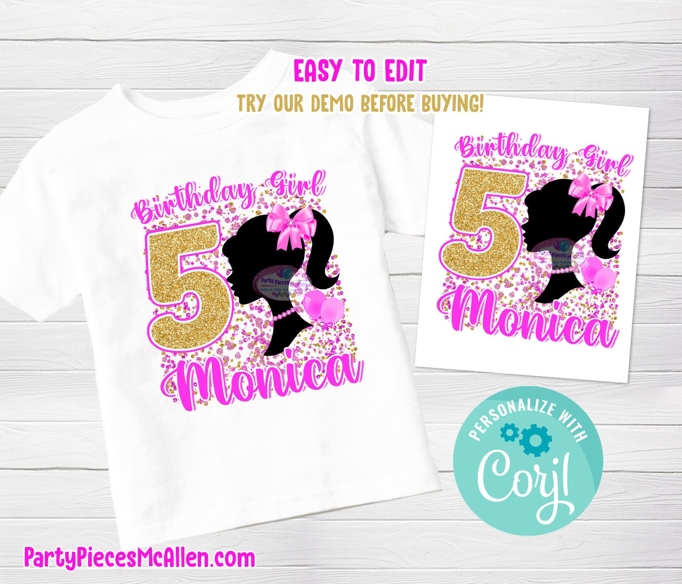 Doll silhouette Editable Birthday Shirt, Editable Doll silhouette Birthday Shirt, Doll Birthday Party, Pink Party