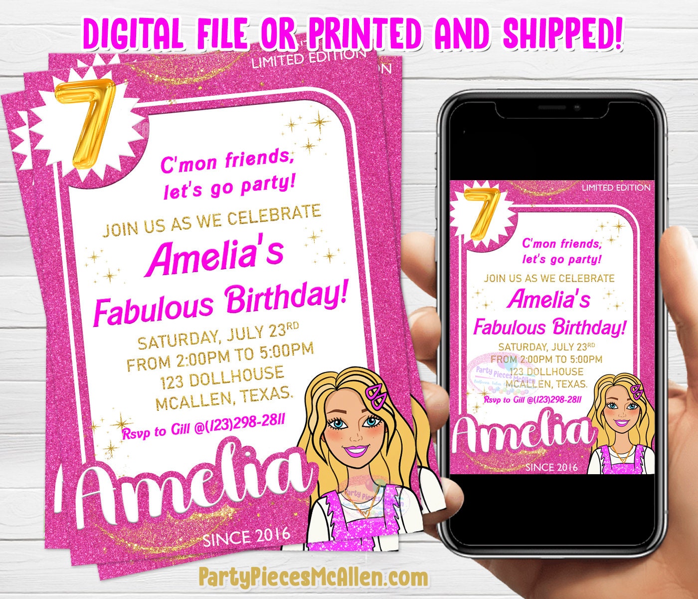 Blonde Doll Birthday Party Invitation, Doll Party Digital