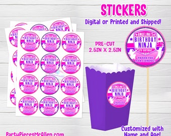 Ninja Girl Round Labels, Pink Ninja Party Supplies,Ninja Party Digital File, Ninja Girl Stickers