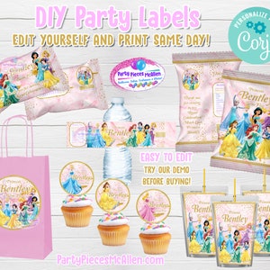 Princess Editable Party Package, Princess Chip Labels, Princess Water Labels, Princess Juice Labels, Princess Instant Printable Files