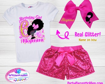 Afro Doll Birthday Sequin Short Outfit, Afro Doll Birthday Outfit, Girls Birthday Outfit, Sequin Shorts