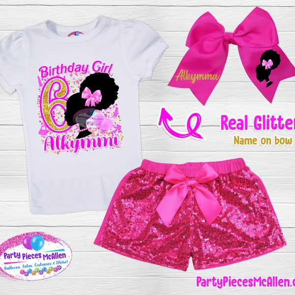 Tenue courte à paillettes d’anniversaire de poupée afro, tenue d’anniversaire de poupée afro, tenue d’anniversaire de filles, shorts à paillettes