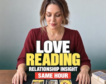 May include: A tarot card reading service featuring three cards laid out on a black mat: The Empress, The High Priestess, and The Magician. Text overlays read TarotCosmic, LOVE READING, RELATIONSHIP INSIGHT, and SAME HOUR in bold white, yellow, and red.