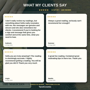 May include: A graphic display titled WHAT MY CLIENTS SAY featuring four five-star customer reviews for TarotCosmic. The text includes testimonials from Katherin, Summer, Angie, and Natalia, alongside a 4.9 out of 5 rating based on 4,600+ reviews.