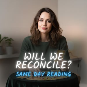 May include: A woman in a green top sits at a table with tarot cards. The text "WILL WE RECONCILE? SAME DAY READING" is displayed in a neon-style font over the image. The background is a neutral color.