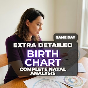 May include: A printed birth chart and natal analysis document featuring circular astrological diagrams with zodiac symbols and planetary lines. The text on the document reads SAME DAY EXTRA DETAILED BIRTH CHART COMPLETE NATAL ANALYSIS.