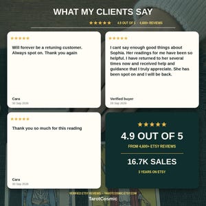 May include: A graphic display titled WHAT MY CLIENTS SAY featuring three white review cards with five-star ratings and text from customers named Cara and a verified buyer, plus a dark green summary box showing 4.9 out of 5 stars and 16.7K sales.