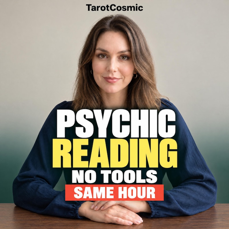 May include: A person wearing a dark blue long-sleeved shirt with text overlay reading TarotCosmic, PSYCHIC READING, NO TOOLS, and SAME HOUR. The person is positioned behind a wooden surface with their hands resting together in front of them.