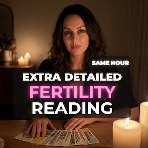 May include: A person with dark wavy hair wearing a black top sits at a wooden table with tarot cards spread out. The text reads SAME HOUR EXTRA DETAILED FERTILITY READING. Two lit white candles are visible in the foreground and background.
