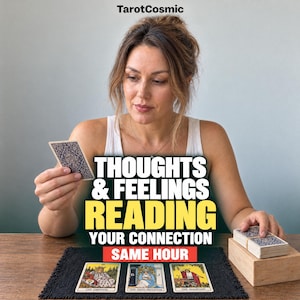 May include: A deck of tarot cards with a blue patterned back, a wooden box, and three tarot cards laid out on a black mat. The cards displayed are The Empress, The High Priestess, and The Magician. Text reads TarotCosmic, THOUGHTS & FEELINGS READING YOUR CONNECTION SAME HOUR.