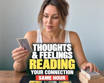 May include: A deck of tarot cards with a blue patterned back, a wooden box, and three tarot cards laid out on a black mat. The cards displayed are The Empress, The High Priestess, and The Magician. Text reads TarotCosmic, THOUGHTS & FEELINGS READING YOUR CONNECTION SAME HOUR.