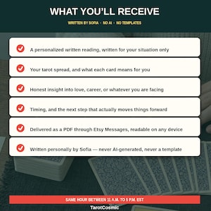 K&ouml;nnte beinhalten: Eine digitale Grafik mit dem Titel WHAT YOU'LL RECEIVE und dem Untertitel WRITTEN BY SOFIA NO AI NO TEMPLATES. Sie listet sechs Dienstleistungen mit roten H&auml;kchen auf: personalisierte Lesung, Tarot-Auslegung, ehrliche Einblicke, Timing, PDF-Versand und pers&ouml;nliche Texte.