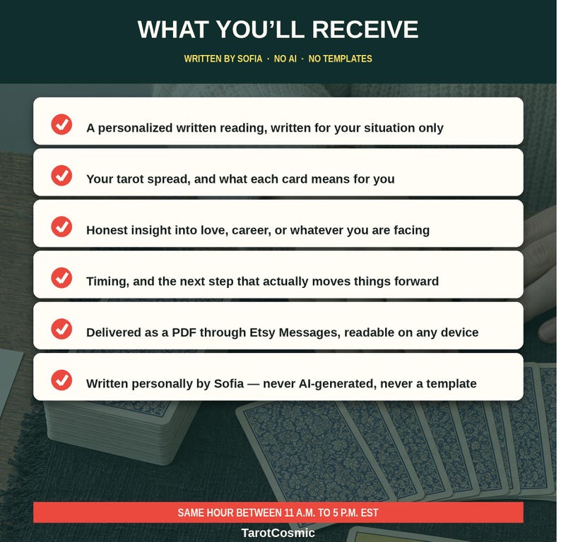 K&ouml;nnte beinhalten: Eine digitale Grafik mit dem Titel WHAT YOU'LL RECEIVE und dem Untertitel WRITTEN BY SOFIA NO AI NO TEMPLATES. Sie listet sechs Dienstleistungen mit roten H&auml;kchen auf: personalisierte Lesung, Tarot-Auslegung, ehrliche Einblicke, Timing, PDF-Versand und pers&ouml;nliche Texte.