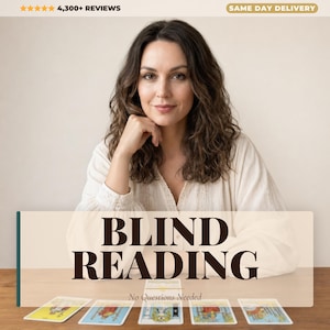 May include: A woman with long, wavy brown hair sits at a wooden table with tarot cards. The text "BLIND READING" is displayed prominently, with "No Questions Needed" below. The image suggests a service related to fortune telling or spiritual guidance.