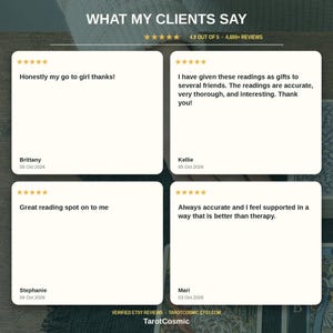 May include: A graphic display titled WHAT MY CLIENTS SAY featuring a 4.9 out of 5 star rating from 4,600+ reviews. Four white square cards show five-star reviews from Brittany, Kellie, Stephanie, and Mari, with the text TarotCosmic at the bottom.