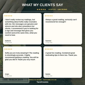 K&ouml;nnte beinhalten: Eine grafische Darstellung mit dem Titel WHAT MY CLIENTS SAY, die vier F&uuml;nf-Sterne-Kundenbewertungen f&uuml;r TarotCosmic zeigt. Der Text enth&auml;lt Erfahrungsberichte von Katherin, Summer, Angie und Natalia sowie eine 4,9 von 5 Bewertung aus 4.600+ Rezensionen.