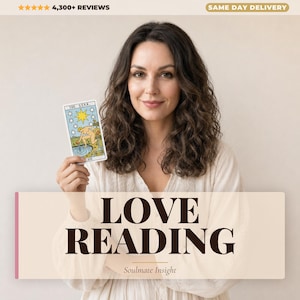 May include: A woman holding a tarot card with a star design. The card is from the Star tarot deck. The image has the text "LOVE READING" and "Soulmate Insight". The image also has the text "4,300+ REVIEWS" and "SAME DAY DELIVERY".