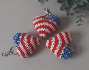 Crochet American flag heart keychain, Red white and blue heart