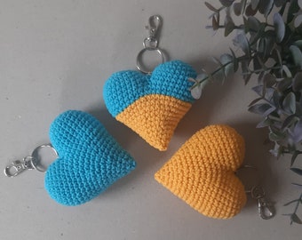 Ukraine Heart Crochet Keychain, Blue Yellow Knitted Heart